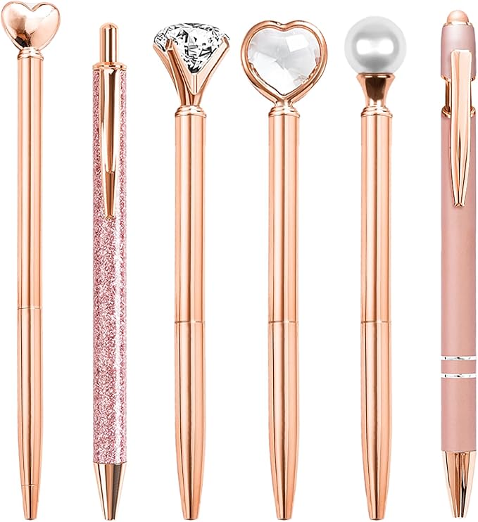 Cute Pens for Women, 6 Pcs Rose Gold Pens Metal Ballpoint Pens Bulk, 1.0mm Medium Point Black Ink Pens, Office and School Supplies Cool Fun Pens Gifts for Women Teacher Nurse (Rose Gold)