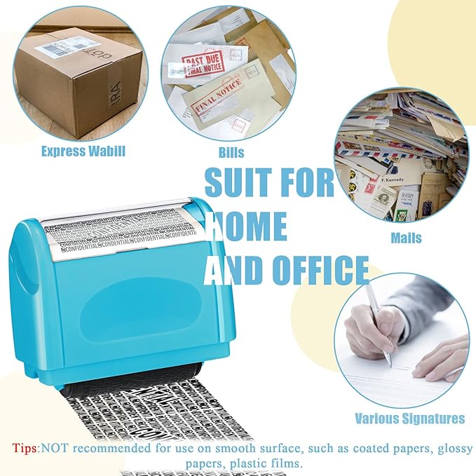 Nezyo 2 Pack Identity Protection Roller Stamp Identity Theft Stamp Confidential Roller Stamp Privacy Stamp Information Blocker Stamp and 4 Pack Refill Ink for ID Account Data Address Security(Blue)