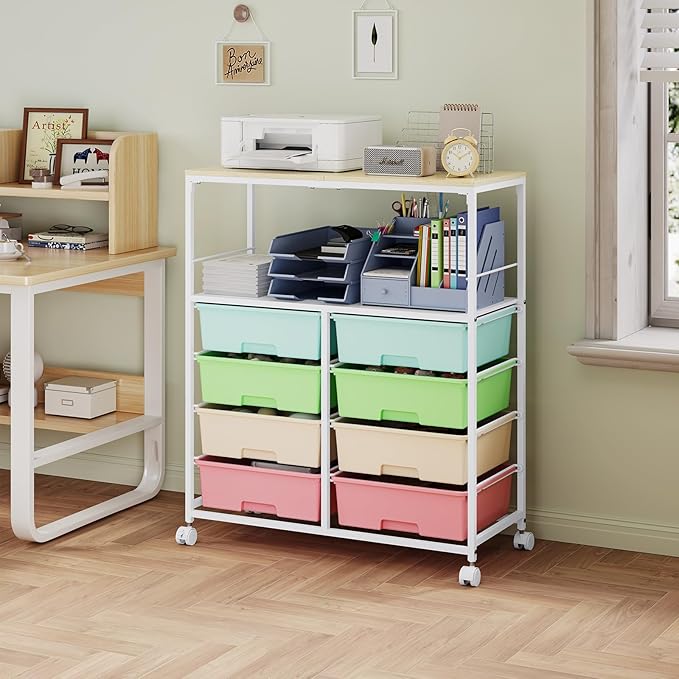 8 Drawers Rolling Storage Cart with Wooden Top, Multipurpose Utility Cart with Opening Shelf & Lockable Wheels, Storage Drawer Cart Organizer for Home Office Craft Room Classroom, Rainbow