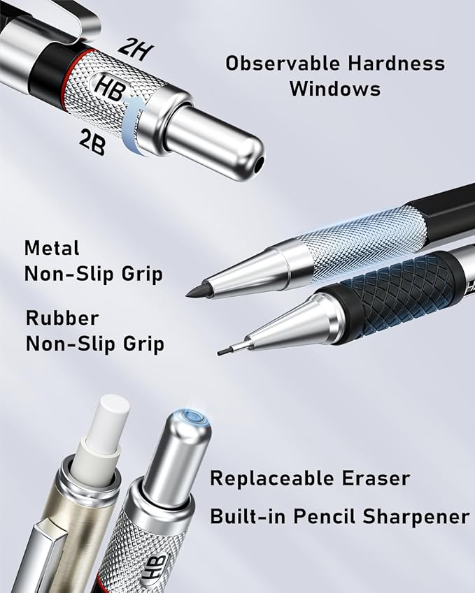 Four Candies 25PCS Art Mechanical Pencil Set with Case, 3PCS Metal Artist Lead Pencil 0.5, 0.7, 0.9 mm & 3PCS 2mm Holder (HB 2H 2B 4B Color) with 432PCS Graphite Lead Refills for Drawing Sketching