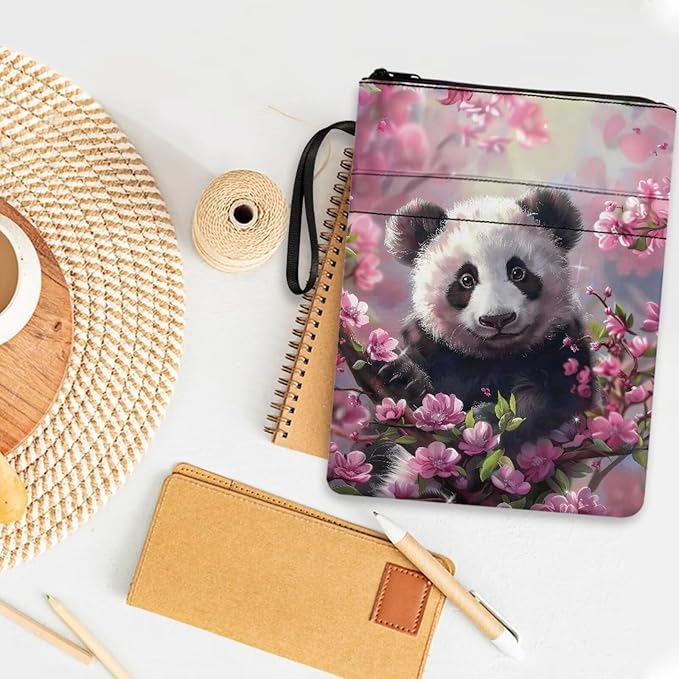 COEQINE 9"x11" Book Covers for Hardcover Cute Panda Animal Book Sleeves with Zipper Book Cover for Book Lovers Book Pouch Book Protctor Pouch Book Covers for Hardcover Washable Pink Cherry Blossom