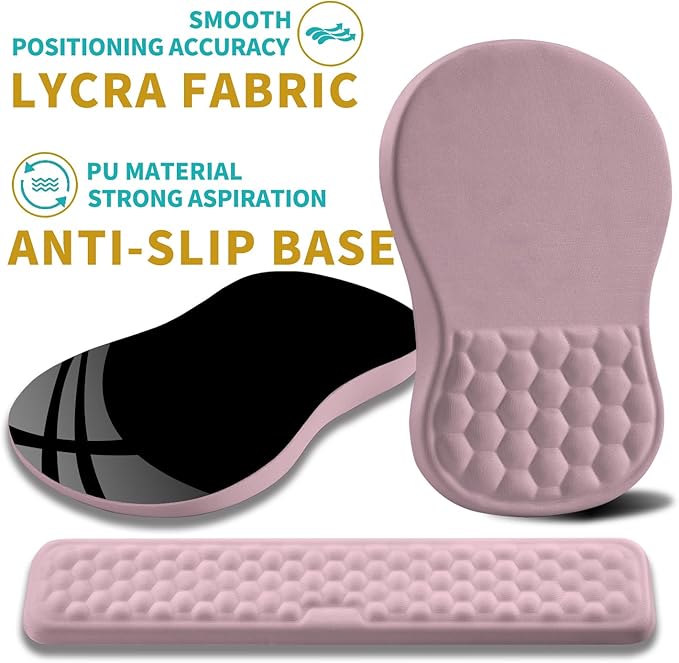 Hokafenle 2 in 1 Ergonomic Mouse Pad Wrist Support & Wrist Rest for Computer Keyboard Set, with Relieve Carpal Tunnel Pain Massage Bulge and Full Memory Gel Design (2In1 Set, Pink)