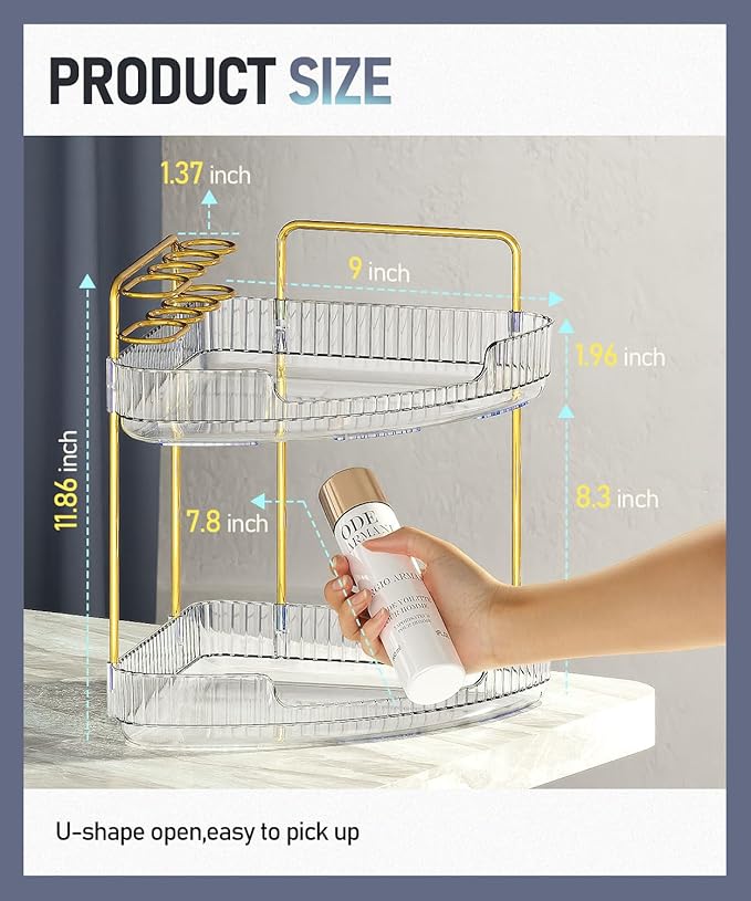 2-Tier Corner Bathroom Counter Organizer Makeup Cosmetic Storage, Tool-Free Installation Acrylic Vanity Shelf, Skin Care Organizer Perfume Tray for Countertop Bathroom, Dresser, Kitchen (Clear)