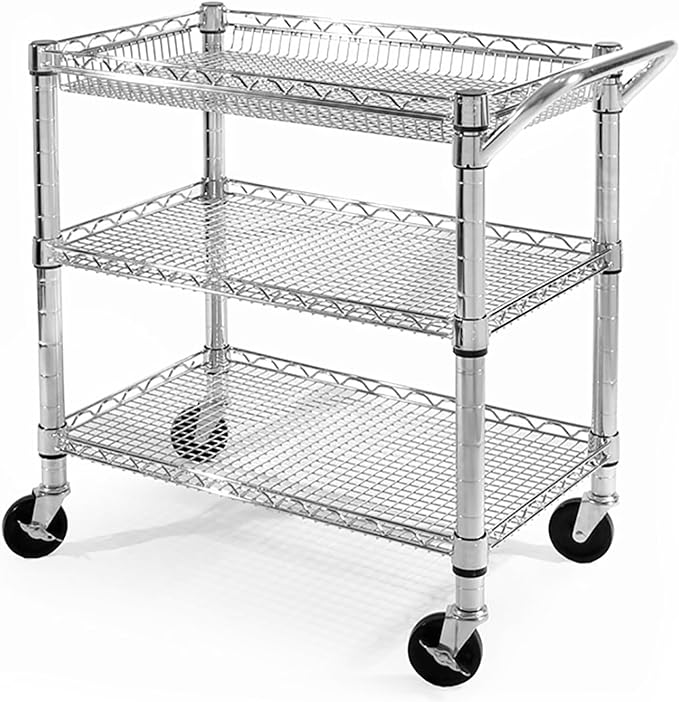 Seville Classics UltraDurable NSF Commercial Heavy Duty Metal Rolling Utility Cart, w/ Steel Shelves, Handle Bar for Restaurant, Garage, Warehouse, Kitchen, Office, Deep Top Basket (34.75"W x 18.25"D)