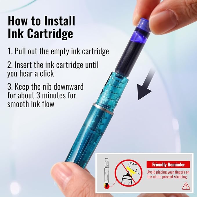 WRITECH Clictek Fountain Pen Set: Retractable Style Blue Ink Medium Nib Transparent Barrel, Includes 5 Ink Cartridges for Gift Set, Smooth Writing No Leaking