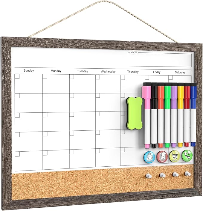 Whiteboard Calendar & Corkboard for Wall, 17"x13" Magnetic Dry Erase Monthly Calendar with Wood Framed, White Board Cork Board Combo, Calendar Bulletin Board for Home Kitchen Office Memo Planner