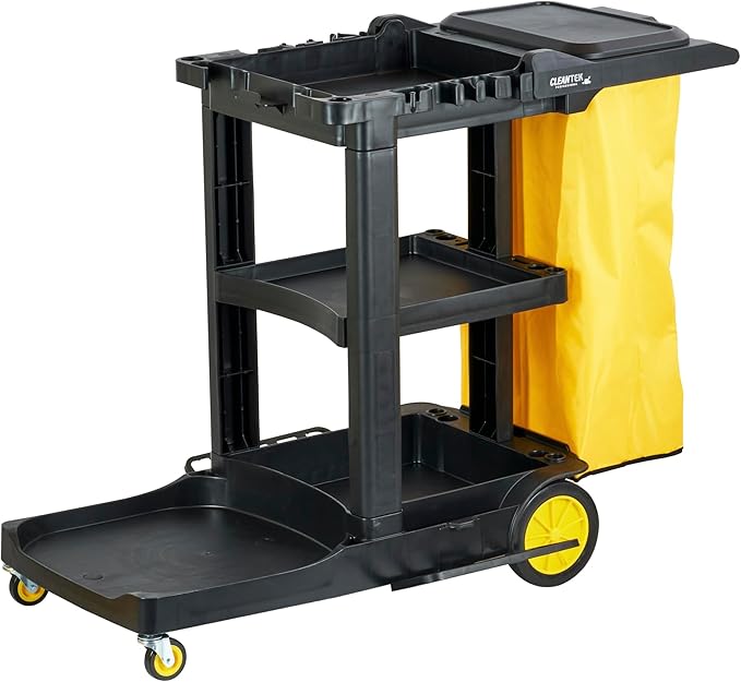 Restaurantware-Clean Tek Professional Janitor Cart with Wheels, 1 Cleaning Trolley with Cover and 21 Gallon Bag - 3 Shelves, Heavy-Duty, Gray Plastic Commercial Janitorial Cart, for Restaurants