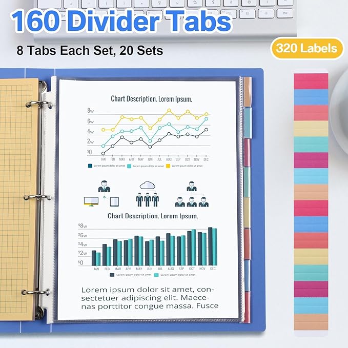 ReliThick 20 Set of 160 Pack Clear Binder Sheet Protectors with 8 Tabs Sturdy Binder Sheet Protectors for 3 Ring Plastic Page Insertable Index Divider, 8.5 x 11 Inch