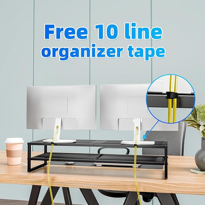 Simple Trending 2 Tier Metal Dual Monitor Stand Riser,Computer Office Desktop Organizer for 2 Monitors With 32"x10" Mouse Pad ,for Laptop,Printer,TV,Black