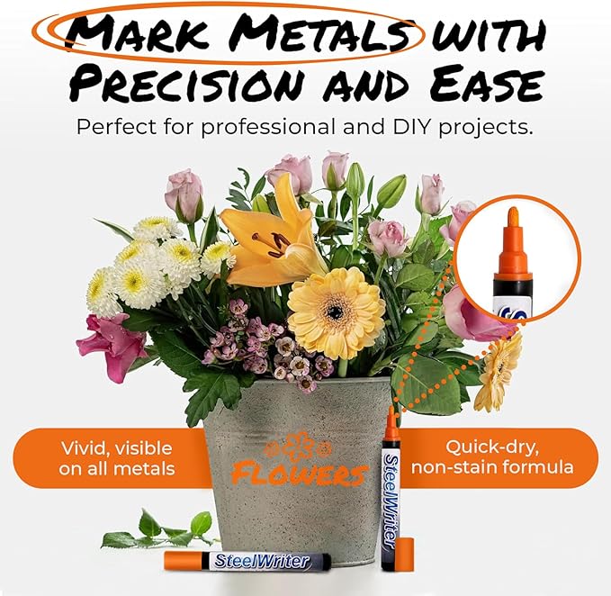 Metal Marking Paint Pen - Industrial Marker For Writing & Drawing on Steel and Metals - Washable Removable Paint Markers For Metal, Wet Erase Metal Paint, Orange Paint Pen for Construction and Welders