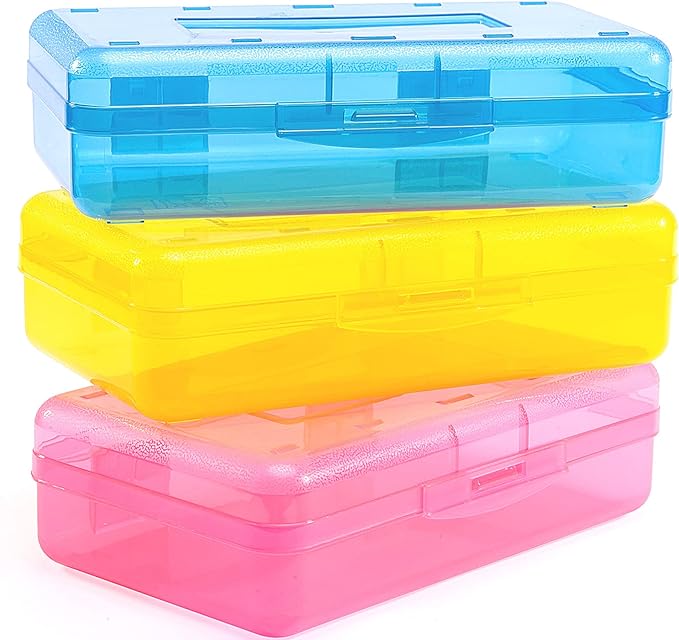 Sooez 3 Pack Pencil Case, Large Pencil Box Bulk, Clear Crayon Box Marker Pen Organizer, Plastic Storage Container with Snap-tight Lid, Stackable School Art Supply Bead Craft Organizer, Colorful