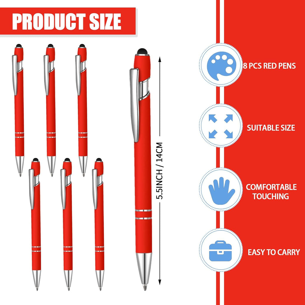 8 Pcs Blue Ink Ballpoint Pen with Stylus Tip 2 in 1 Stylus Ballpoint Pen Metal Pens Stylus Pen for Touch Screens School Office Coworkers (Red)