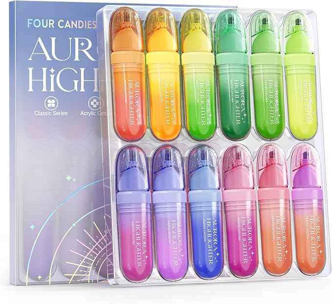 Four Candies 12 Pcs Highlighters Assorted Colors, Cute Pastel Highlighter Set, Dry Quickly, Soft Chisel Tip, Assorted Colors Bible Highlighter for No Bleed, Aesthetic Highlighters for School, Office