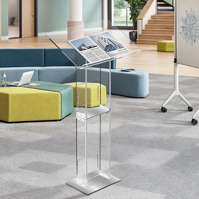 Podium Stand, Lecterns & Podiums, Acrylic Adjustable Angles with Metal Base, Podium for Church, Weddings, Classroom, Speech, 24" L x 16" W x 43.5" H, Clear