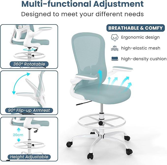 Drafting Chair, Tall Office Chair with Flip-up Armrests Executive Ergonomic Computer Standing Desk Chair, Office Drafting Chair with Lumbar Support and Adjustable Footrest Ring