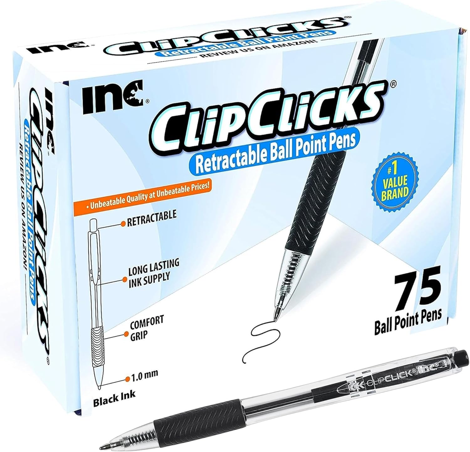 Inc. ClipClicks Retractable Ballpoint Pens - Bulk 1.0-mm Medium-Point Pen Set With Comfort Grip for School, Office, Writing, and Journaling, 75 Count, Black