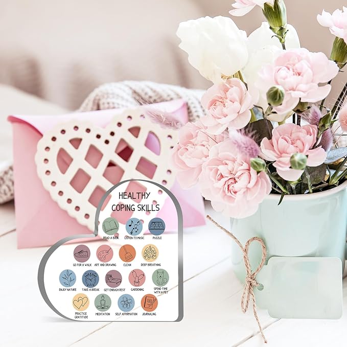 Therapy Office Decor, Anxiety Healthy Coping Skills Mental Health Decorations for Social Worker Classroom School Counseling Therapist Supplies Educational Acrylic Heart Art Decor