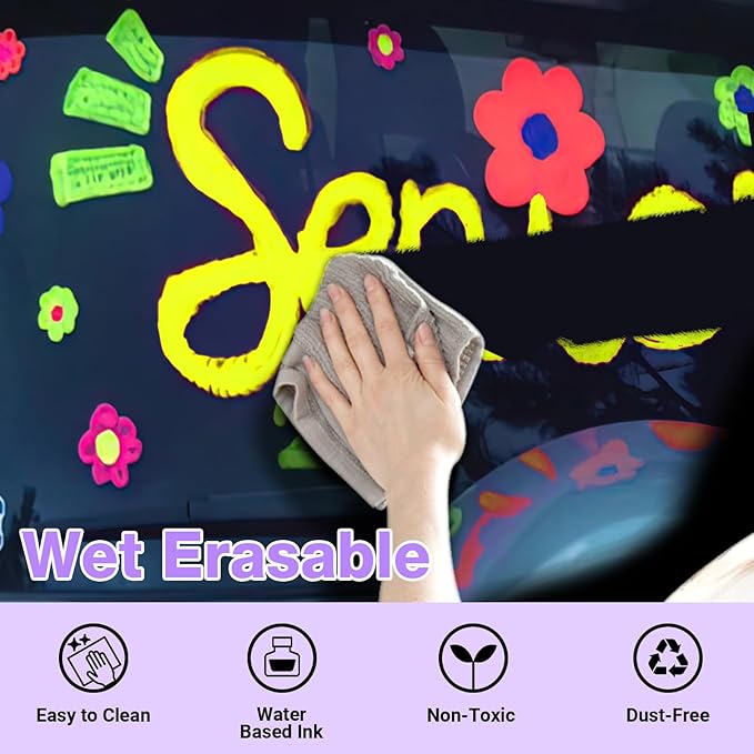 KERIFI Window Markers for Car, 15mm Jumbo Liquid Chalk Markers, Washable & Wet Erase Chalk Pens for Blackboard, Chalkboard, Signs, Glass, Window, Graduation Celebration School (12 Neon Colors)