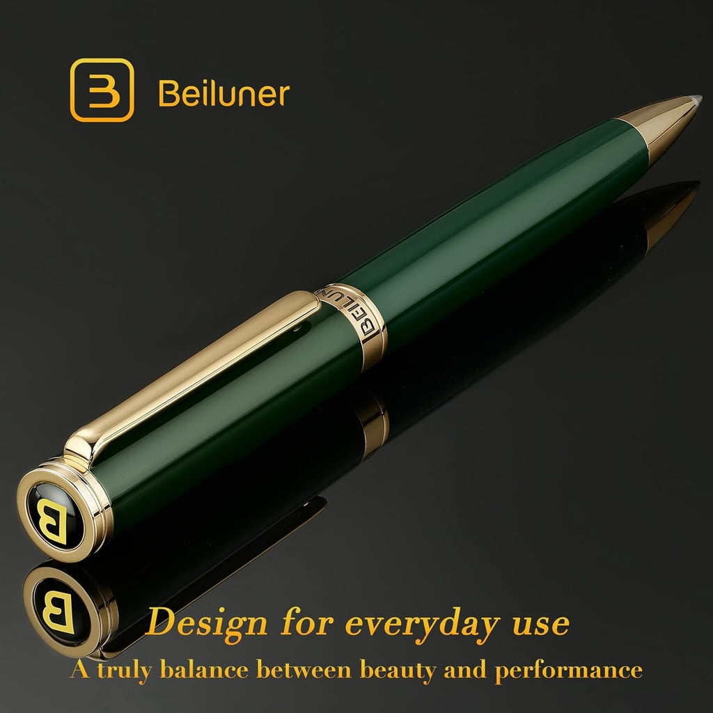 BEILUNER Luxury Gel Pen with 24K Gold Finish, Green Piano Lacquer, Luxury Grade Craftsmanship, Fancy Pen Gift Set for Men and Women, Graduation Gift, Executive, Office, Retractable, Nice Pen Set