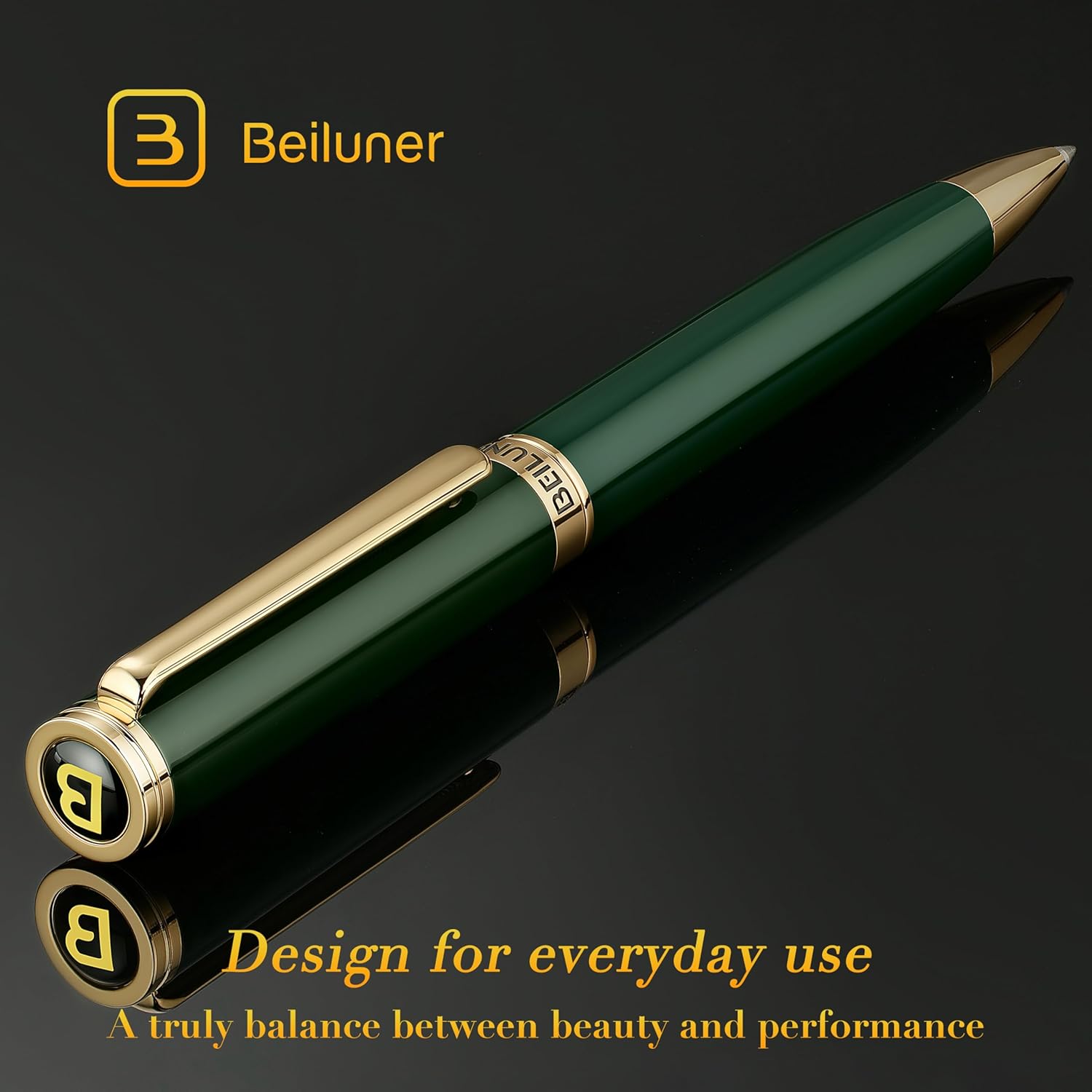 BEILUNER Luxury Gel Pen with 24K Gold Finish, Green Piano Lacquer, Luxury Grade Craftsmanship, Fancy Pen Gift Set for Men and Women, Graduation Gift, Executive, Office, Retractable, Nice Pen Set