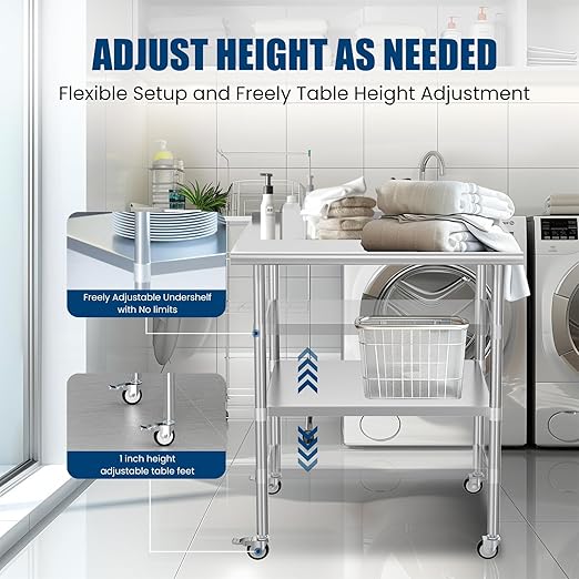 Stainless Steel Table with Wheels 30 x 30 Inches Metal Prep Table with Backsplash & Adjustable Undershelf, Stainless Table for Commercial Kitchen, Outdoor, Restaurant, Hotel & Garage