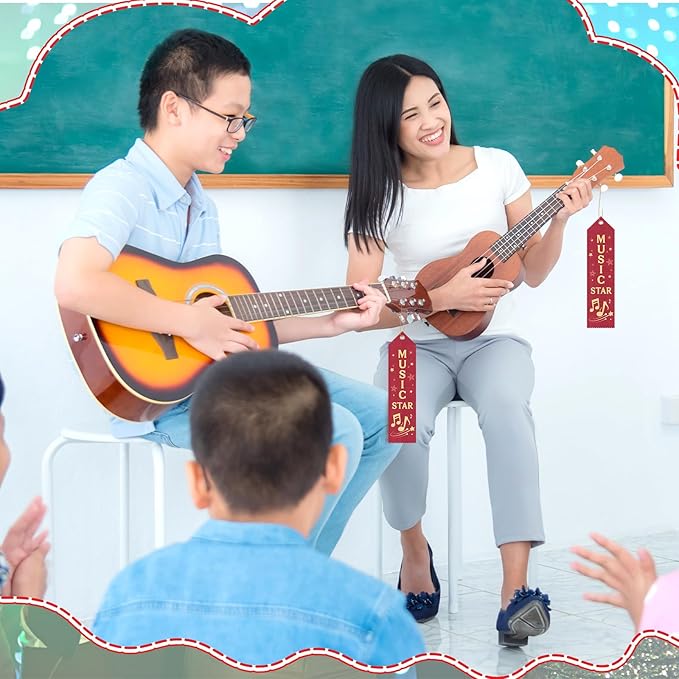50 Pcs Music Star Ribbons 8 x 2 Inches Maroon Ribbons with Cards and Strings Music Prizes Bookmark Style Awards for Singing Competitions Class Activities Concerts