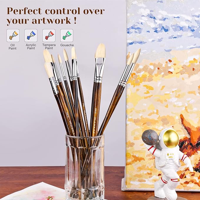 Fuumuui Professional Oil Paint Brush Set, 11pcs Superior Hog Bristle Paint Brushes Perfect for Oil Acrylic Gouache Painting