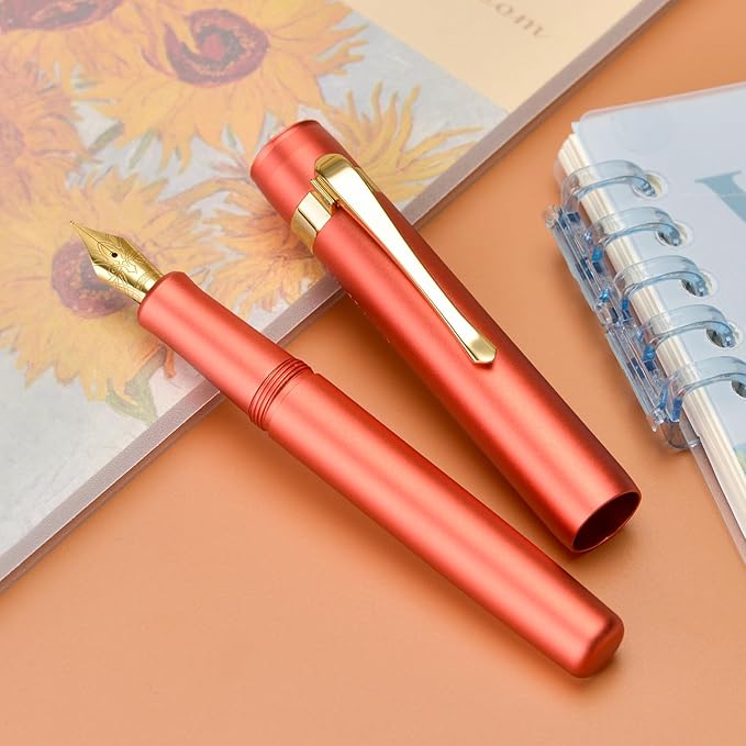 Hongdian M2 Black Forest Mini Fountain Pen, Fine Soft Golden Nib & Sleek Shape Aluminium Short Pocket Travel Pen (Orange Red)