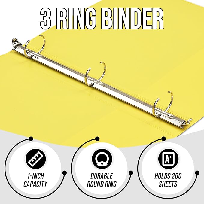 3 Ring Binder 1 Inch, IntoJoy 6 Pack Clear View 3 Hole Binder PVC-Free Fits 8.5x11 Inch Paper Flexible Round Ring Binders for School Office Home Binder Supplies (Yellow)