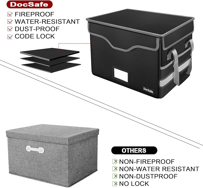 DocSafe File Box Fireproof Document Box with Lock,File Storage Organizer Box with Insert Pockets,Collapsible Portable File Box Home Office File Cabinet for Hanging Letter/Legal Folders,Black,2 Pack