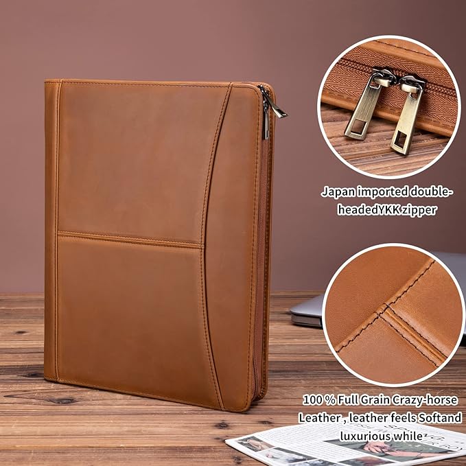 Handmade Crazy-Horse Leather Padfolio Portfolio, Easy to Carry with A Zippered Closure, Business Organizer Tablet Folio Folder with Letter Size Notepad, Gift for Women & Men (Brown, Upgraded version)