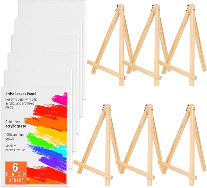 Canvas Boards with Easel for Painting 6 Pack 8 x 10 Inch Painting Canvas Panels with Pine Easels, Blank Canvas Beginner Kit for Acrylic Oil Watercolor Crafts Sip and Paint Art Party