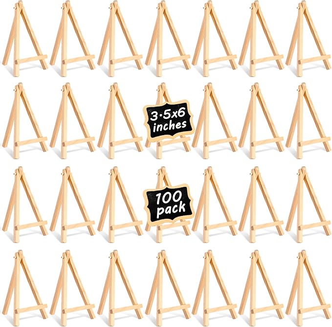 100 Pieces Mini Wood Easel Stands Small Wooden Canvas Easels Display Art Craft Tripod Painting Tabletop Holder for Artist Crafts, Business Cards, Photos, Gift(6 Inch)
