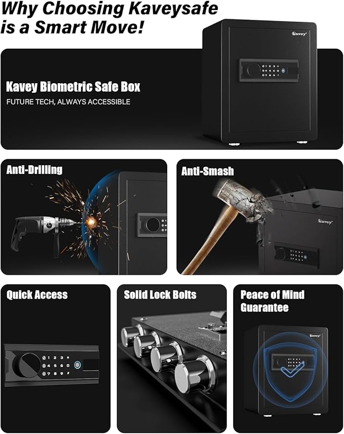 Kavey 2.0 Cub Biometric Safe Box, Fingerprint Safe with Backlit Touch Screen Keypad and Dual Alarm System, Money Safe With Mute Function and LED Light