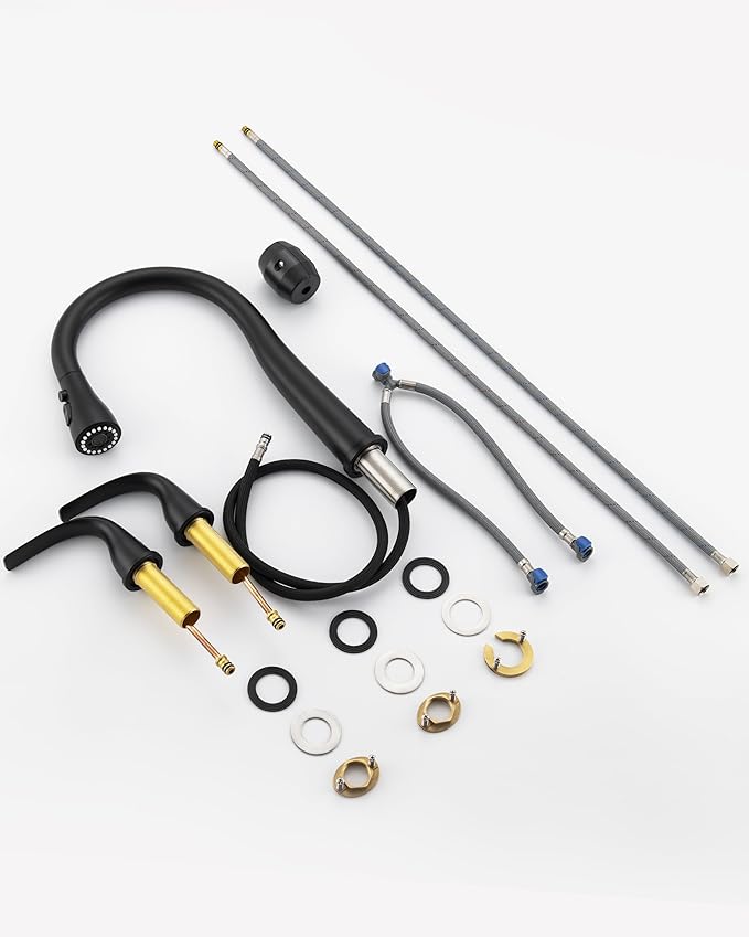 Black Kitchen Faucet 3 Hole with Pull Down Sprayer, 2-Handle High Arc Kitchen Sink Faucet with 3 Function Spray, Stainless Steel, T-3005B