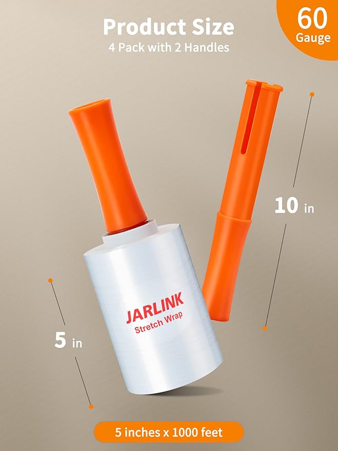 JARLINK 4 Pack Plastic Film Roll with Plastic Handles, 60 Gauge Thick, 5" x 1000ft Plastic Pallet Film, Industrial Strength Stretch up to 500% Stretch for Moving, Packing, Wrapping, and Shipping