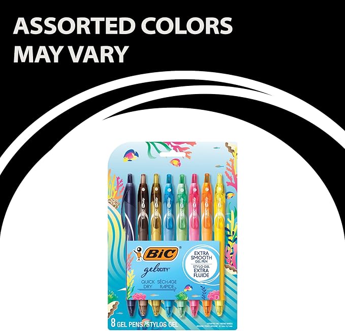 BIC Gelocity Quick Dry Ocean Themed Gel Pens, Medium Point (0.7mm), 8-Count Gel Pen Set, Colored Gel Pens for Note Taking and Journaling