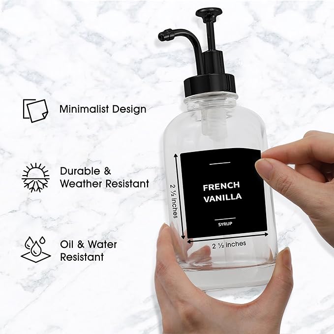 Coffee Syrup Labels for Bottles, Syrup Dispensers - 2.5" x 2.5" Waterproof & Durable PVC Stickers - Modern Coffee Bar Essentials for Home, Kitchen, Beverage Station - Minimalist Black, 22pcs