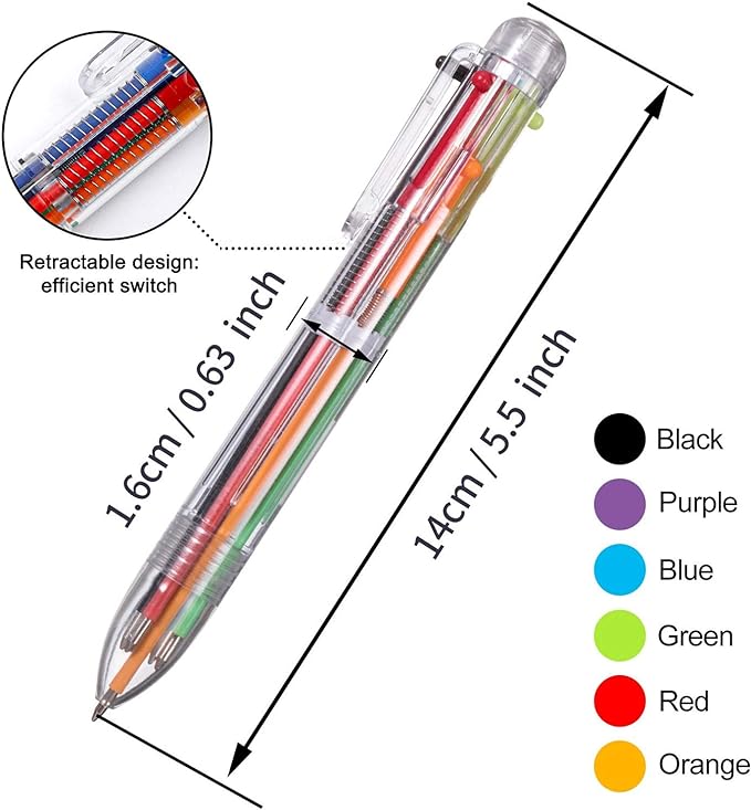 EEOYU 15 Pack Multicolor Pens 0.5mm 6-in-1 Retractable Ballpoint Pens 6 Colors Transparent Barrel Ballpoint Pen for Office School Supplies Students Children Gift