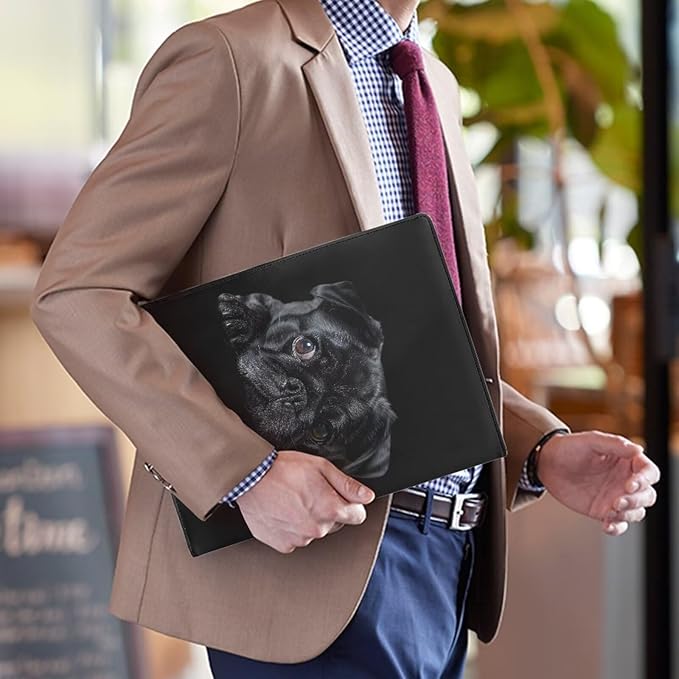 Office Folder Black Pug Dog Print PU Leather Padfolio with A4 Size Clipboard Clip for Business Resume Interview Document Sleeve Binder Folder for Men/Women