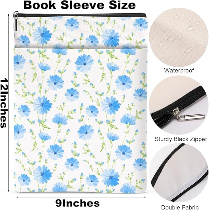 Blue Flowers Pattern Book Lovers Gifts Waterproof Book Sleeve Book Pouch Book Protector with Zipper and Front Pocket BookCover Case for Women Best Friend Sister Book Accessories Book Club Gifts