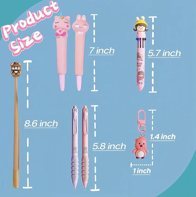 6pcs Kawaii Pens with 1 Cute Keychain Great gift for Girls Stress Relief Pen Cartoon Ballpoint Pen for Office Back to School Supplies Students Gift