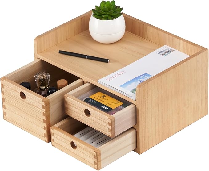 KIRIGEN Desk Organizer with 3 Drawers - Wood Drawer Storage Box with Trays for Tabletop - Workspace Office Toiletries Supplies Tool Caddy - Wooden Storage Cabinet Natural（DT1D3C-NA）