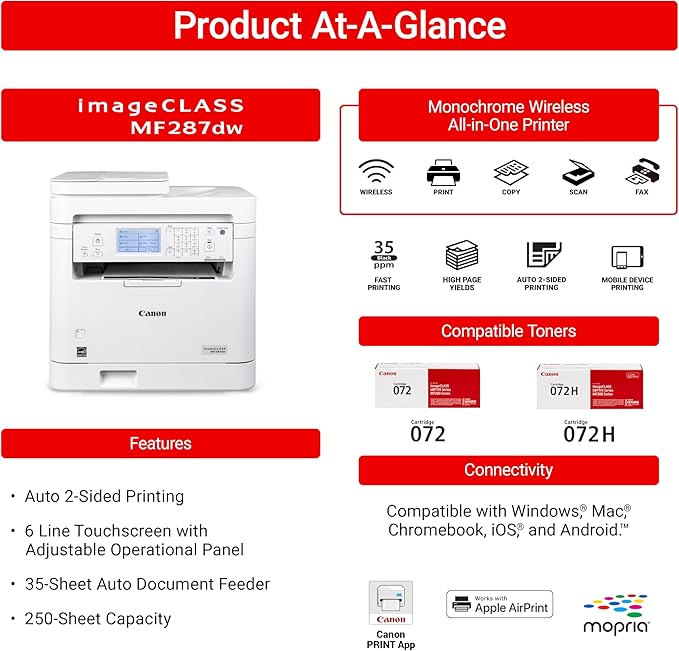 Canon imageCLASS MF287dw - Monochrome, Duplex, Wireless Laser Printer, All-in-One Print, Copy, Scan, Fax, Auto Document Feeder, 1 Year Limited Warranty, 35 PPM, White