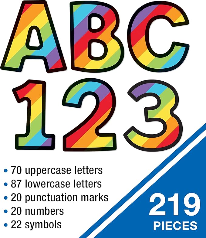Carson Dellosa 219-Piece 4" Rainbow Bulletin Board Letters for Classroom, Alphabet Letters, Numbers, Punctuation & Symbols, Cutout Letters for Bulletin Board, White Board, and Rainbow Classroom Decor