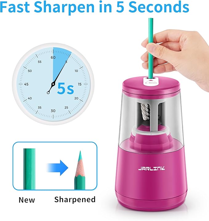JARLINK Electric Pencil Sharpener, Heavy-Duty Helical Blade to Fast Sharpen, Auto Stop for No.2/Colored Pencils(6-8mm), USB/Battery Operated in School Classroom/Office/Home (Purple)