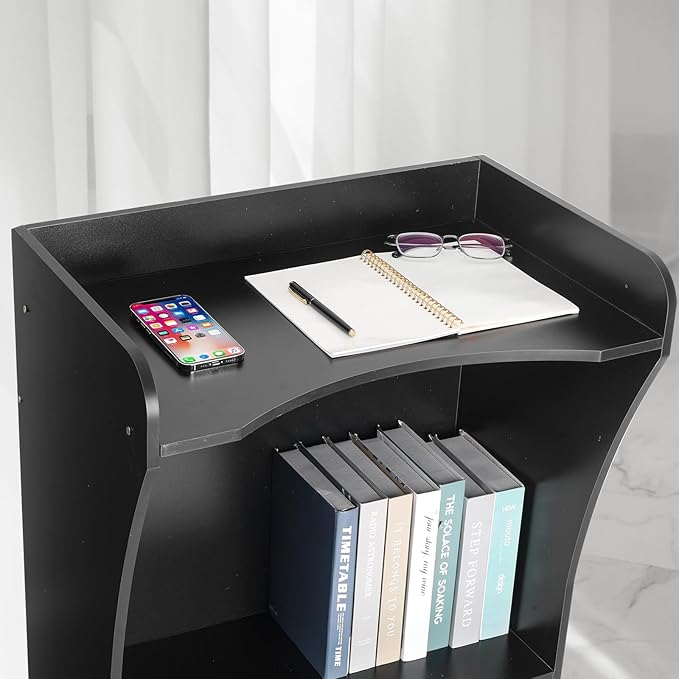 Wooden Podium Stand with Wheels, Versatile Black Lectern for Church Pulpits, Reception Desks, Lectures, Cash Registers