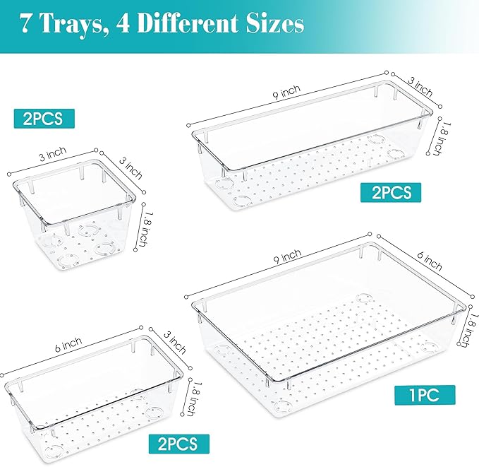 7 PCS Clear Plastic Drawer Organizers Set, 4 Size Desk Drawer Organizer Trays for Makeup, Jewelry, Kitchen Utensils, Gadgets and Office Accessories