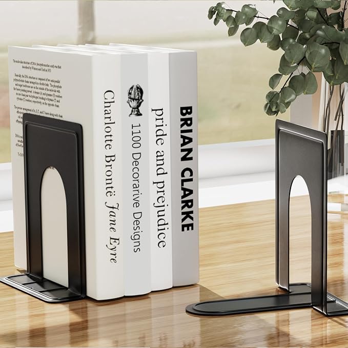 MaxGear Premium Matte Painted Heavy Duty Book Ends, Weight Added Bookends for Shelves, Black Non-Skid Metal Bookend/Stopper for Movies/CDs/Video Games, 6 x 4.6 x 6 in, (1 Pairs/2 Pieces, Large)