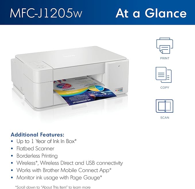 Brother MFC-J1205W INKvestment -Tank Wireless Multi-Function Color Inkjet Printer with Up to 1-Year in Box, Works with Alexa